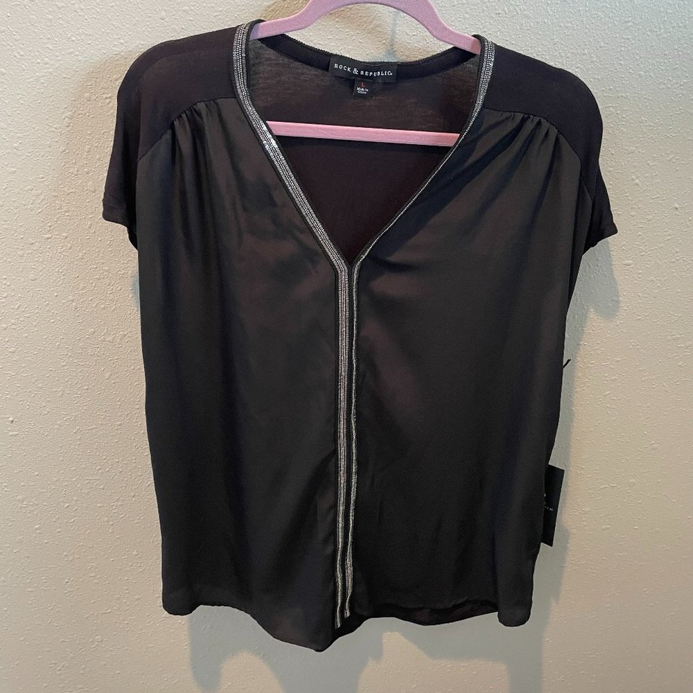Rock and Republic - Black shirt with gem details, Size Large - NWT